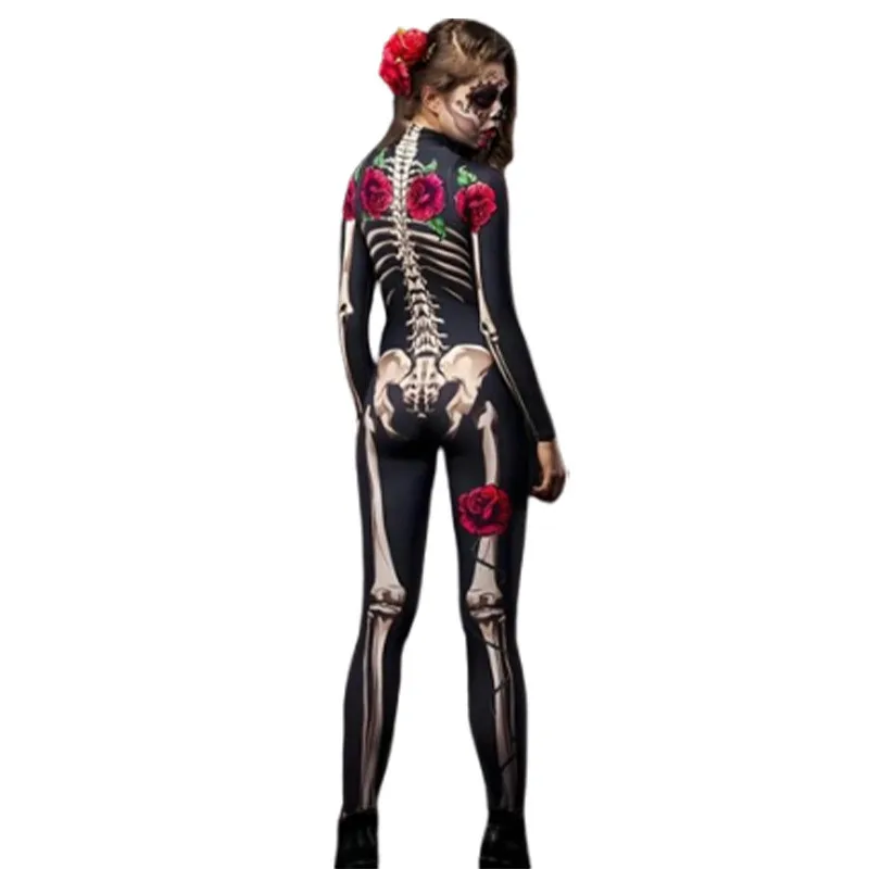 Women Girls Halloween Haunted House Themed Party Costume Long Sleeve Turtleneck Skeleton Rose Print Scary Sexy Jumpsuit Bodysuit