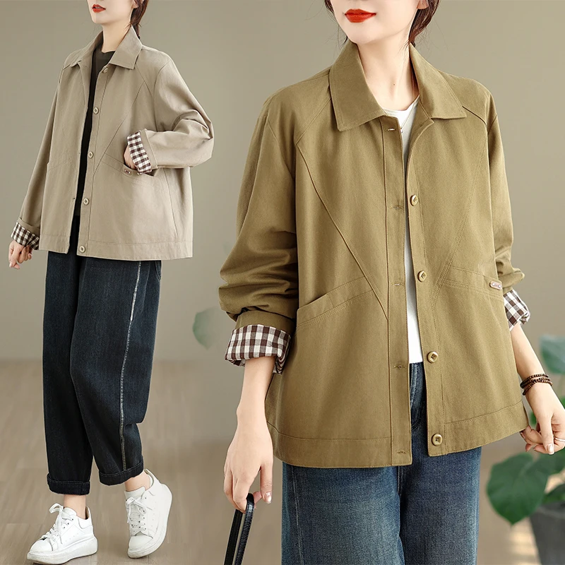 Loose Casual Plaid Patchwork Slimming Spring Autumn Jacket Pure Color Turn-down Collar Single Button Women's plus Size Coat