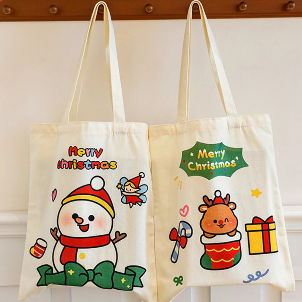 Cartoon Christmas Tote Bag Large Capacity Shopping Bag Casual Shoulder Bag Elk Xmas Canvas Bag School Student Gift