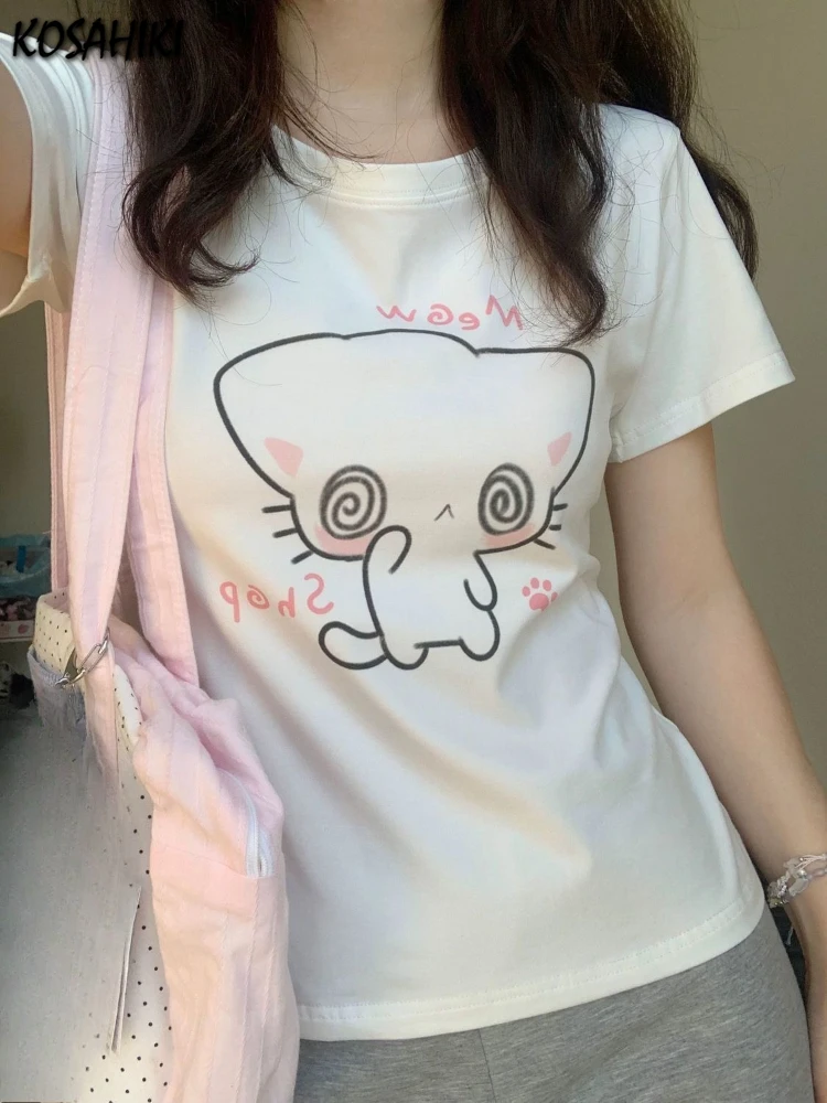 الصيف Harajuku خمر الكرتون طباعة تي شيرت Preppy نمط الأبيض Y2k الجمالية بلايز عادية المرأة الجرونج Kawaii لطيف القمم