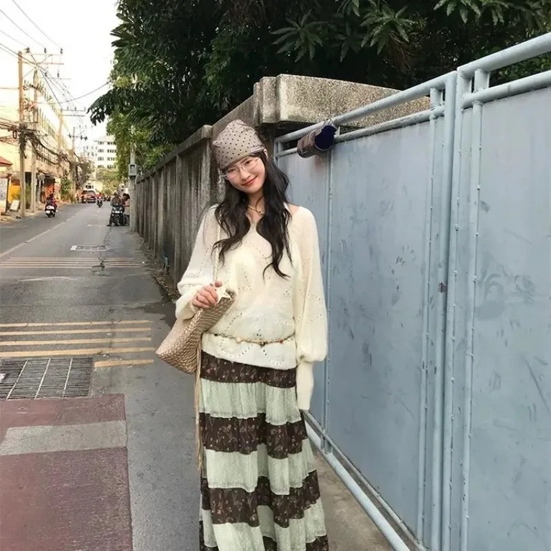Women High Waist Color Block Floral Print Tiered A Line Maxi Skirt