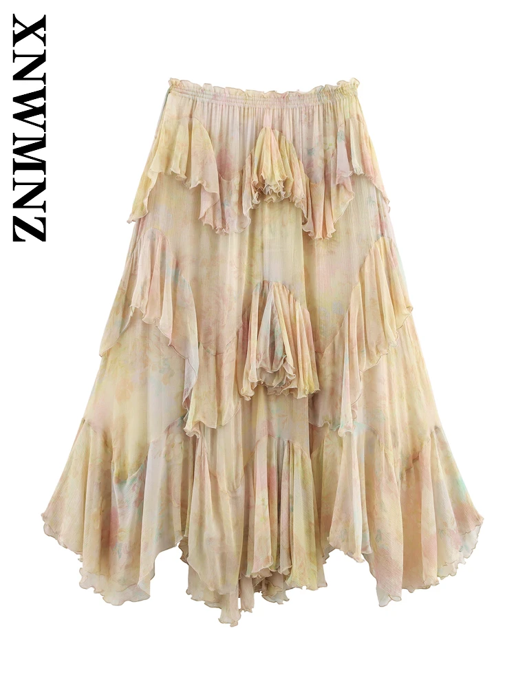 

XNWMNZ 2025 Summer New Woman's Sexy Chic Print A-lineskirt Fashion Women Clothing Tierred Skirt boho midi