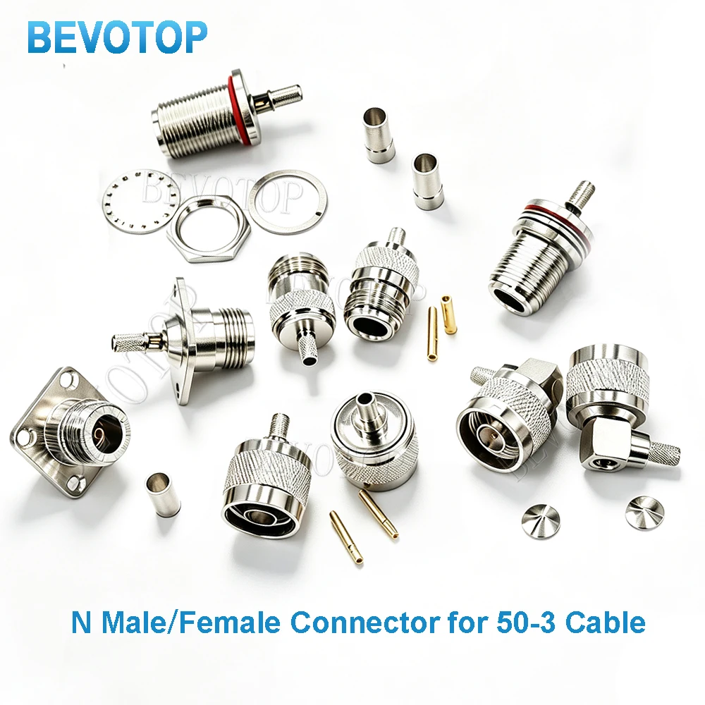 10PCS N Male Plug & Female Jack 50-3 N Connector RF Coaxial Connector Bulkhead Connector Crimp RG58 RG142 RG400 Cable Adapter