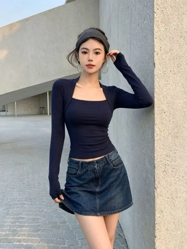 Slim Fit Short Sleeveless Women's T-shirt False Two-Piece Deep Blue Long Sleeve Fashionable Slimming Waist-Cinching Base Laye...