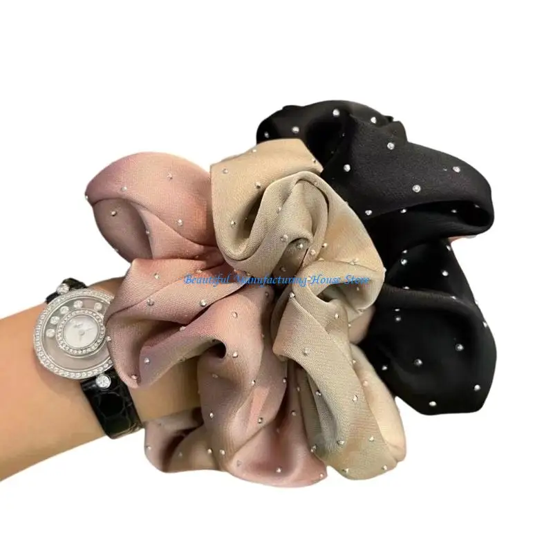 E56A 3PCS Französische Stile Rassestones Scrunchie Eleganter Pferdeschwanzhalter mit Rüschenstoff Fashion Hair Accessoires für