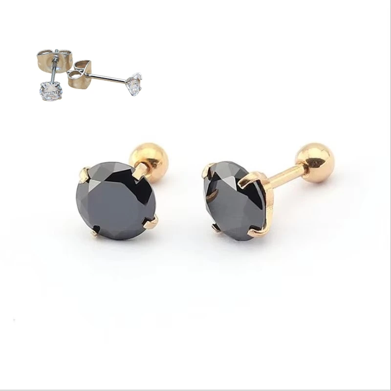 se039 316L Stainless Steel Screw Back Round Black AAA Zircon Stud Earrings 4 Colors Vacuum Plating No Fade Allergy 2mm to 8mm