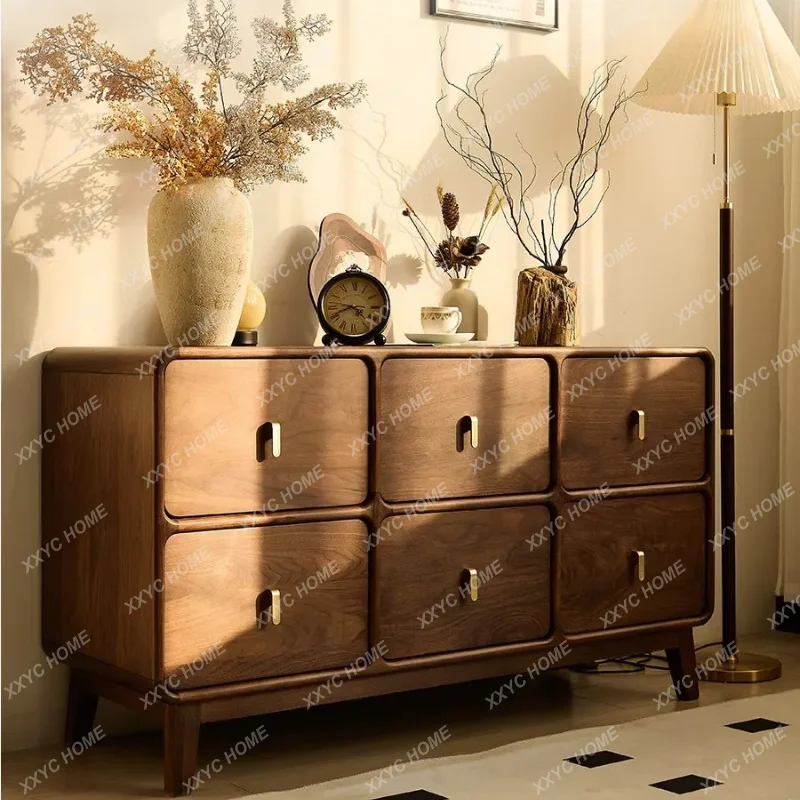 XX Black Walnut 6 Drawer Dresser Modern Storage Cabinet Solid Wood Bedroom Nightstand Tall Chest for Living Room