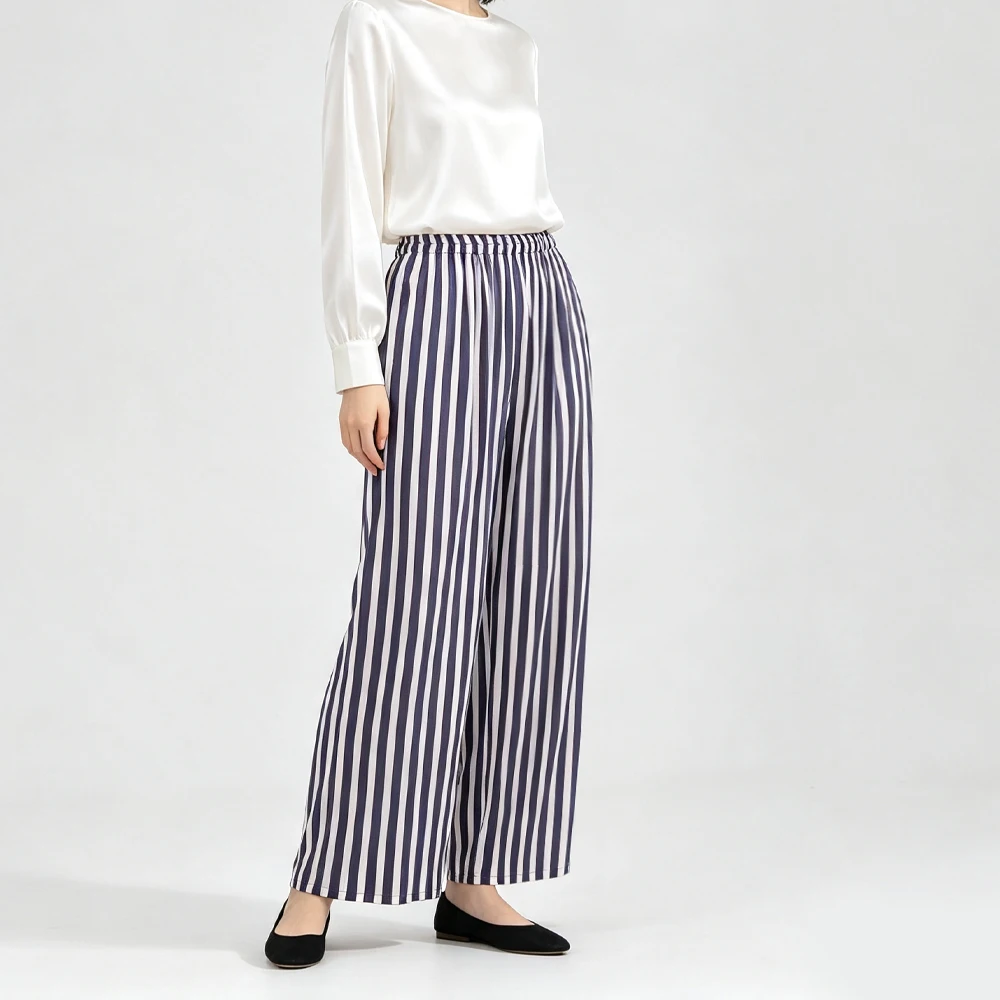 Plus Size Women's Casual Summer New Striped Versatile 100% Natural Mulberry Silk Crepe De Chine Elastic Waist Straight Leg Pants