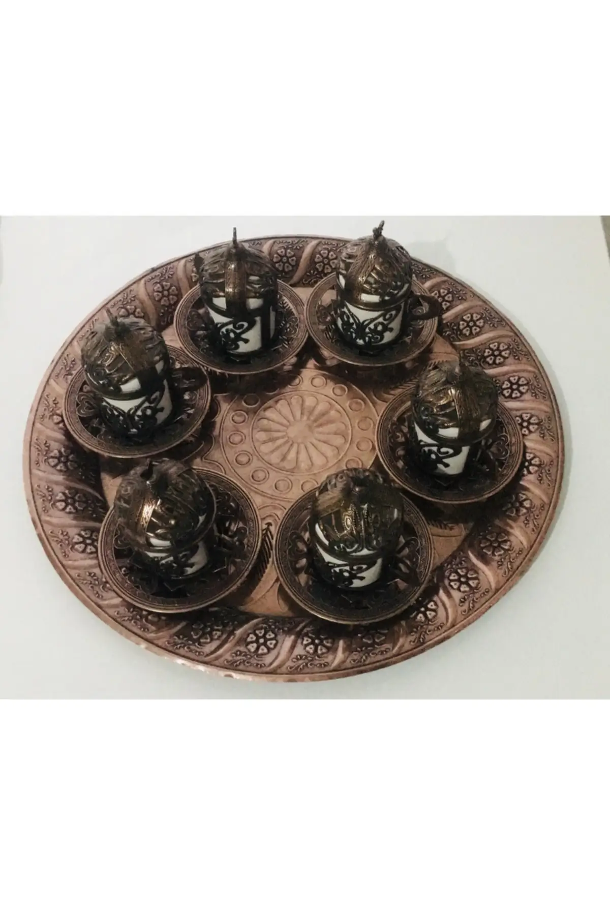 

Turkish coffee cup set-Metal cast butterfly pattern turkish coffee cup set-tray Cooper Luxury Cups