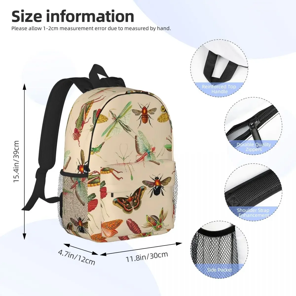 Vintage Bugs And Insects Illustration Backpacks Teenager Bookbag Casual Students School Bags Laptop Rucksack Shoulder Bag