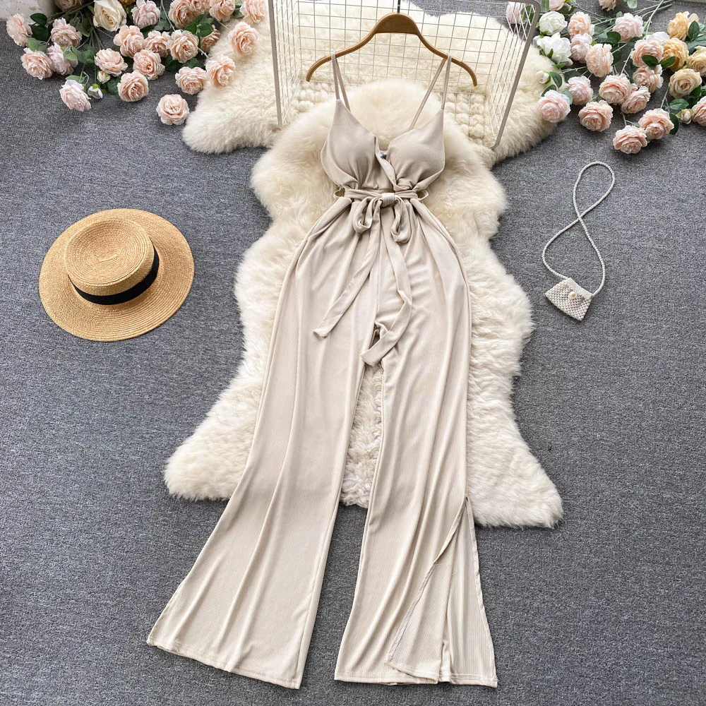 Fashionable Commuter Style Solid Color Suspender Jumpsuit Women's Summer New Lace up Waist Slimming Wide Leg Casual Rompers