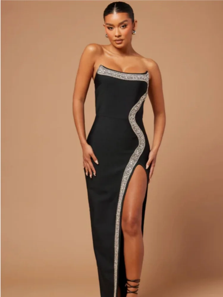 Red Black Women Sexy Strapless Shinning Diamond Line Bodycon Long Bandage Dress Elegant Birthday Party Cocktail Dress Outfit