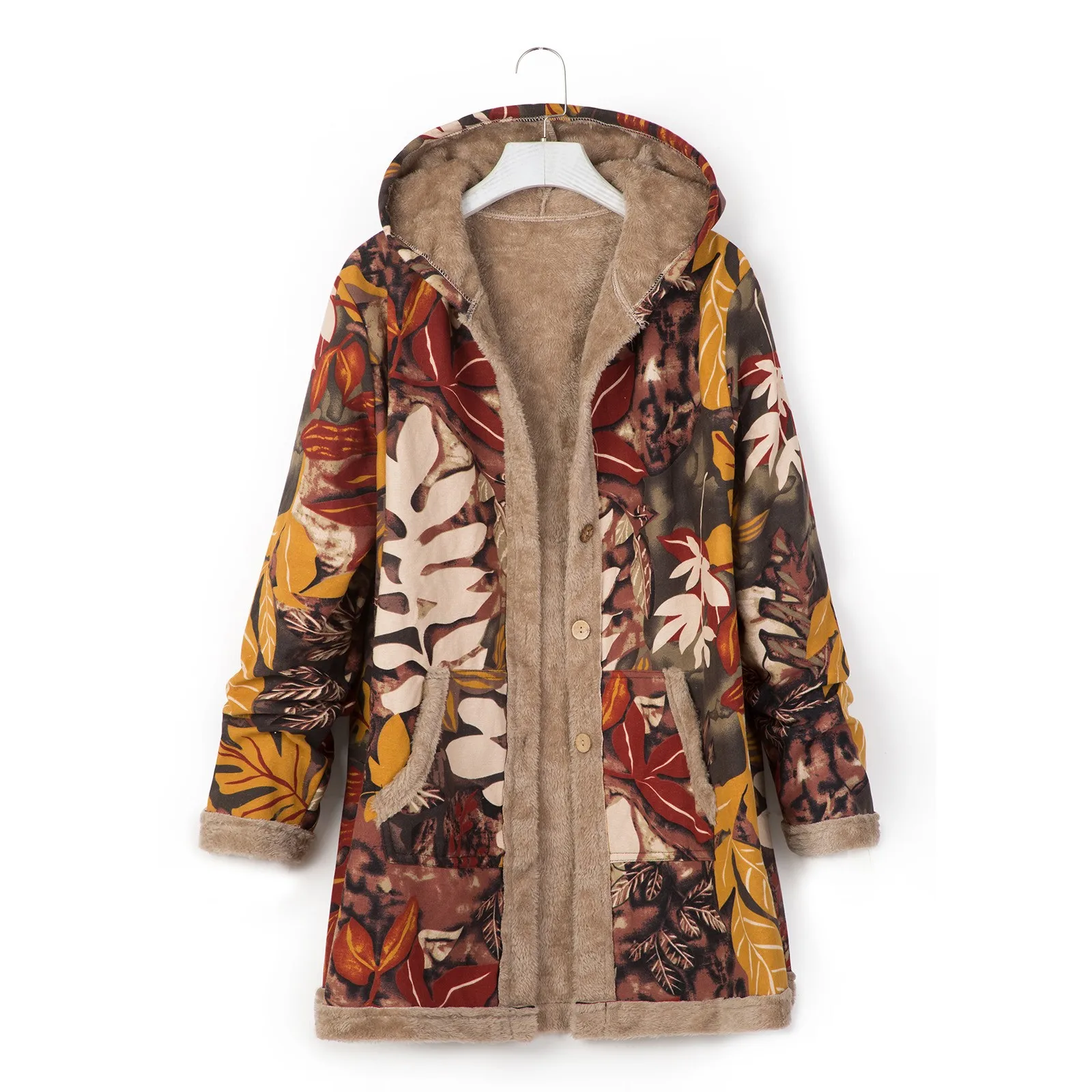 Women Fashion Ethnic Printing Cardigan Splicing Cotton And Linen Hooded Long Sleeves Mid-Length 2024 Outwear Hot Selling Coat