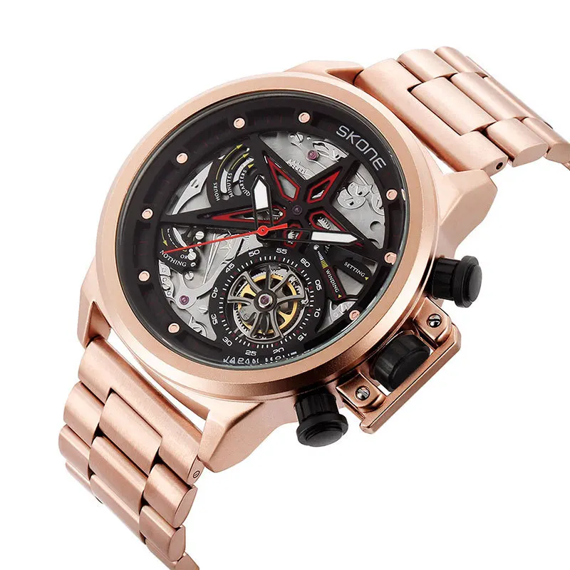 SKONE 기계식 윈드 라이트 럭셔리 대형 다이얼 키네틱 플라이휠 하이 베어링 쿼츠 펜타그램 모양의 다이얼 손목시계