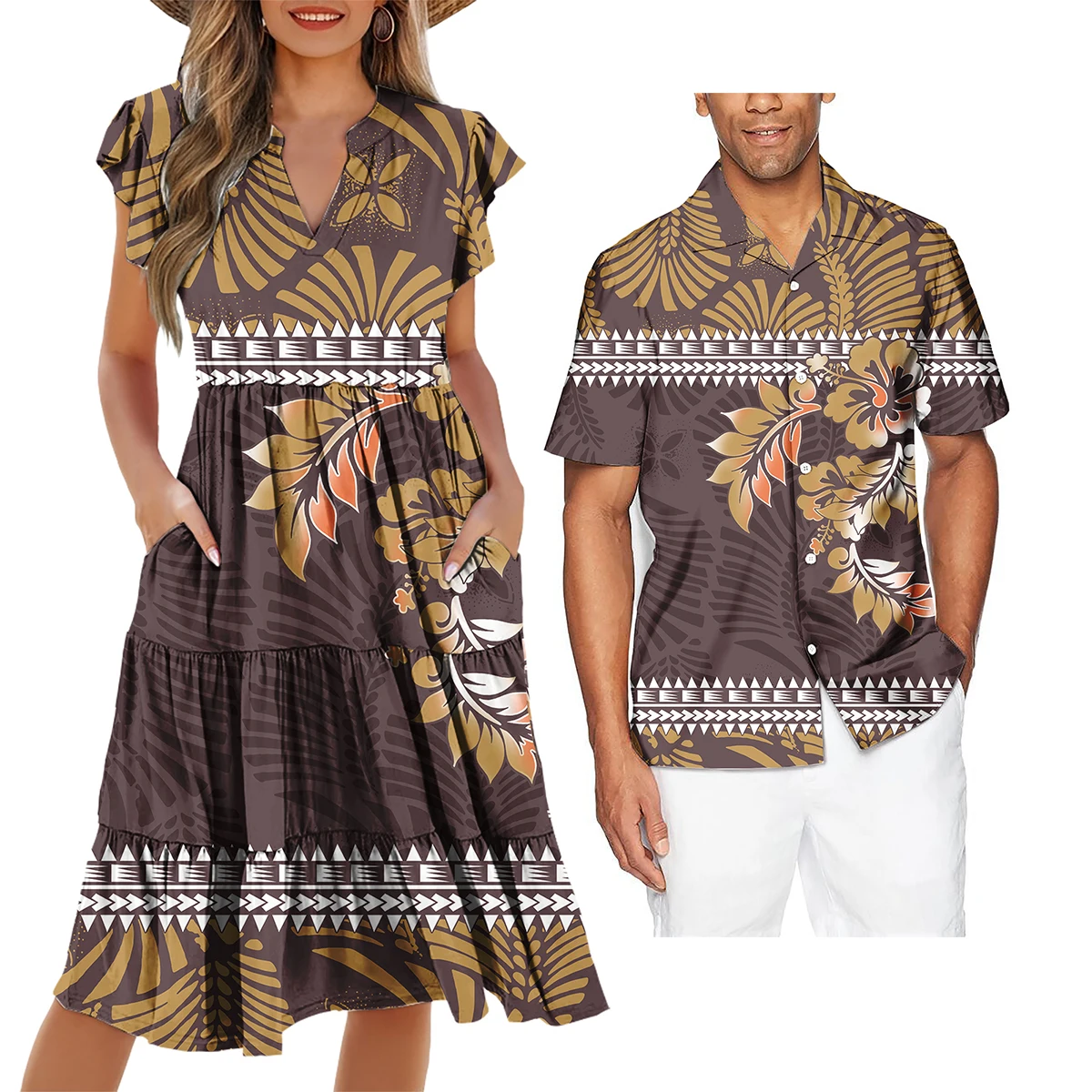 Couple Outfit Sets Ladies Evening Dresses Polynesian Pattern Design Classic Mens Hawaiian Shirts Match Women Plus Size Dress