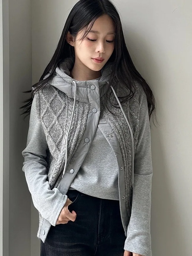 Knitted Patchwork Diamond Pattern down Cotton Vest Women's Loose Autumn Winter Jacket Warm Shoulder Pad Trendy Commute Style