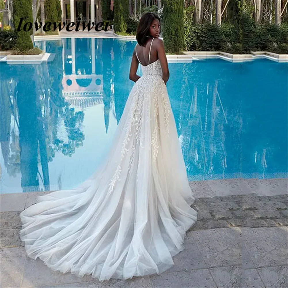 Vestidos de casamento de fenda alta para meninas negras, renda de tule, vestido de noiva Applique com trem longo, vestido de noiva