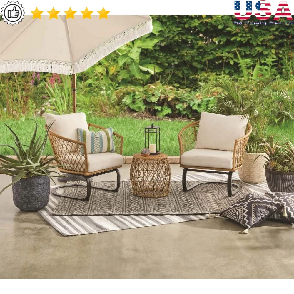 

3 Piece Outdoor Wicker Chat Set Cushioned Chairs Drum Table Heavy Duty Steel Frame All Weather Resistant Furniture