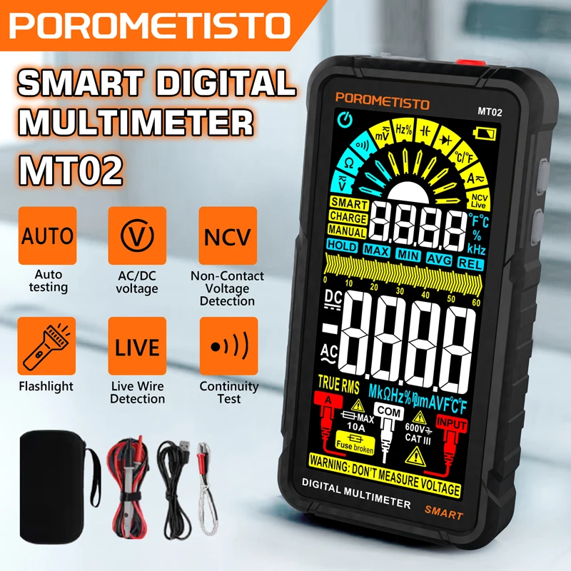 POROMETISTO MT02 Smart Digital Multimeter 600V 10A Digital DC/AC Current Voltage Capacitor Ohm Diode NCV Hz Tester multimetro