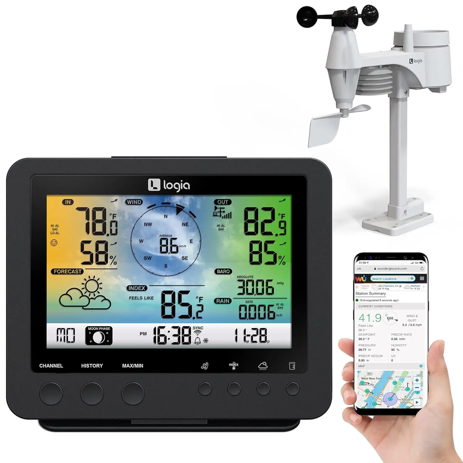 

5-in-1 Wi-Fi Weather Station | Indoor/Outdoor Remote Monitoring System Shows Temperature, Humidity, Wind Speed/Direction