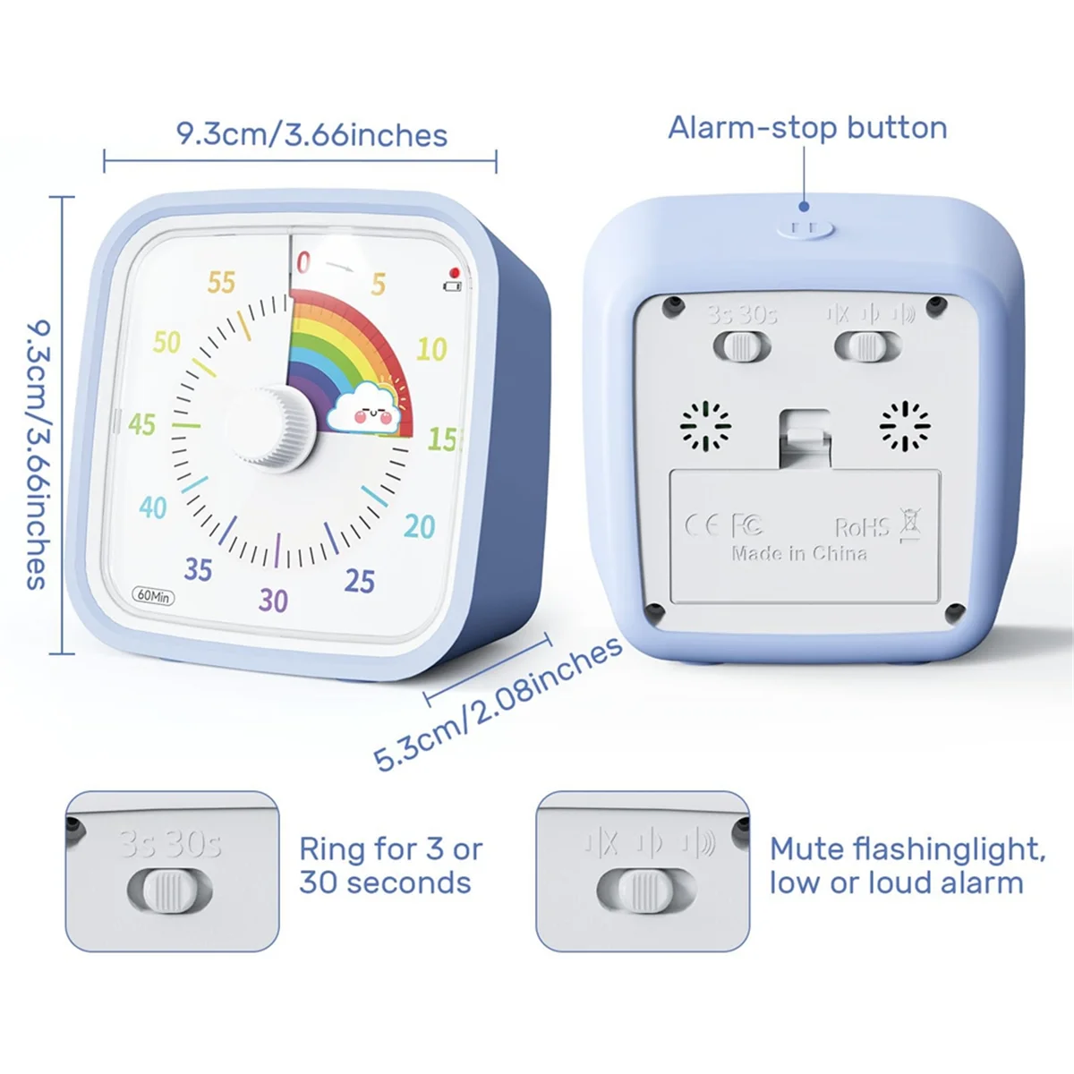 BABQ Timer Visual 60 Menit dengan Casing Pelindung, Timer Disk Pelangi, Alat Manajemen Waktu Hitung Mundur Senyap Biru Muda