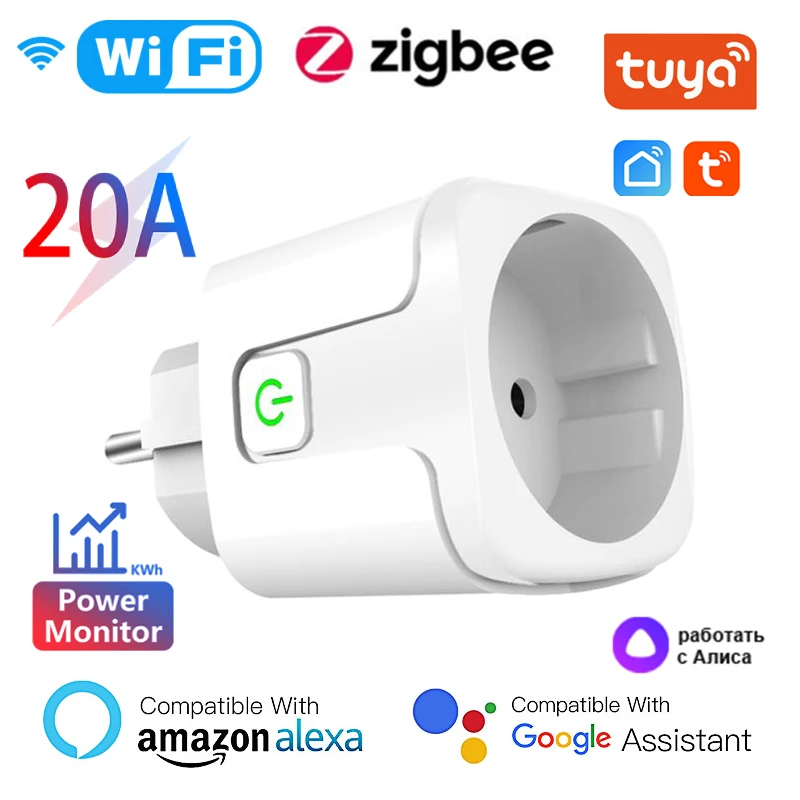 20A Tuya WiFi Zigbee Smart Plug Power Monitor EU Electrical Socket Smart Home Remote Control Google Home Alexa Alice Smart Life