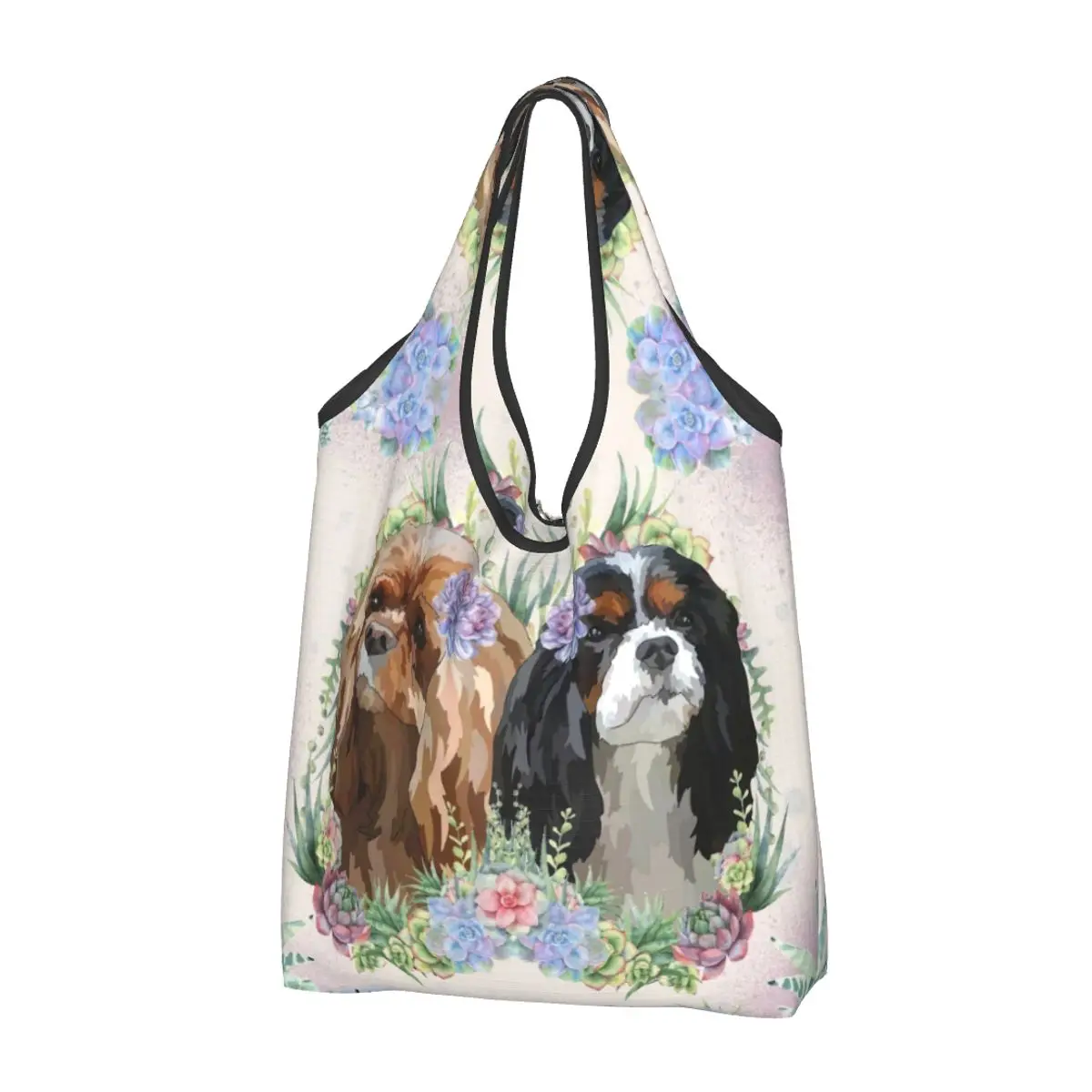 

Cavalier King Charles Spaniel With Flowers Groceries Shopping Tote Bag Women Cute Dog Animal Shopper Shoulder Bag Handbags