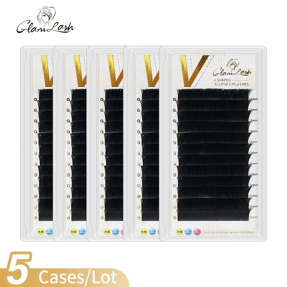 GLAMLASH 5Cases V Shape Auto-Fans 2D Eyelash Extension Soft Ellipse Flat Split Tips Premade Volume Individual False Lashes