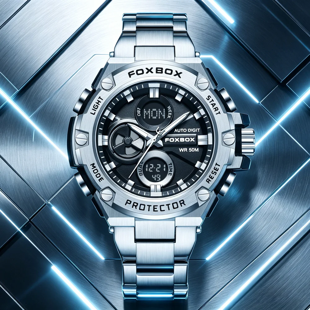 FOXBOX Men Military Watch Waterproof Wristwatch Dual Display Quartz Clock Sport Watch Male Big Watches Men Relogios Masculino