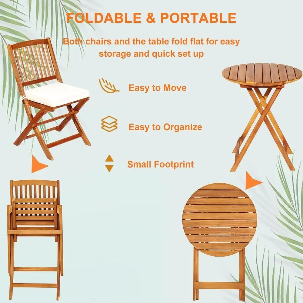 2-Piece Acacia Wood Bistro Table and Chairs Set with Removable Seat Cushions for Outdoor Patio, Balcony, Garden, Yard (Natural)