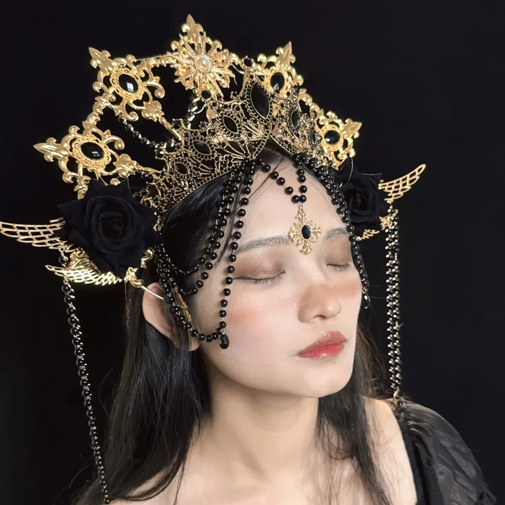 Luxury Baroque Rhinestone Crown Elegant Sacred Goddess Glory Headwear Hair Ornaments Stage Performance Gothic Crowns Headpiece