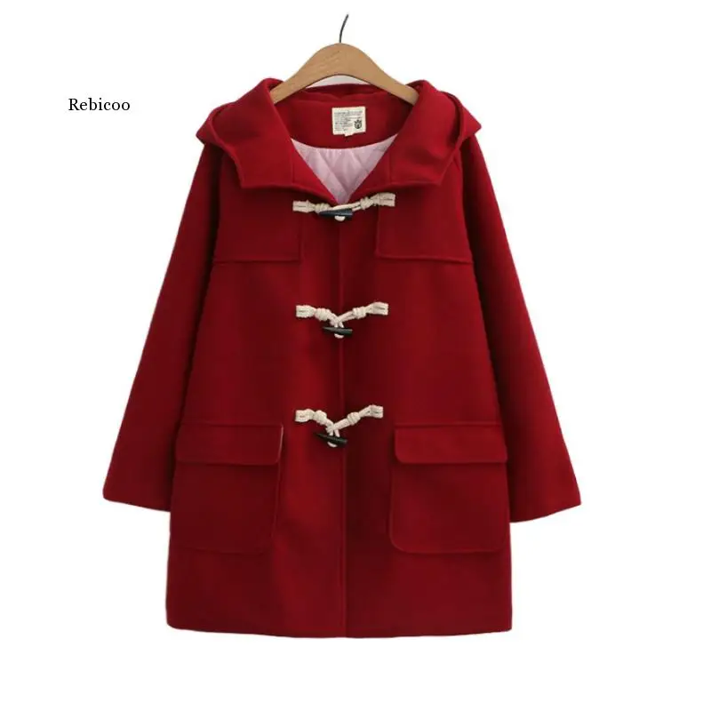 Women Long Wool Blends 2023 Winter Loose Warm Coat Hooded Wool Coats Office Work Wear Horn Button Legant Coat