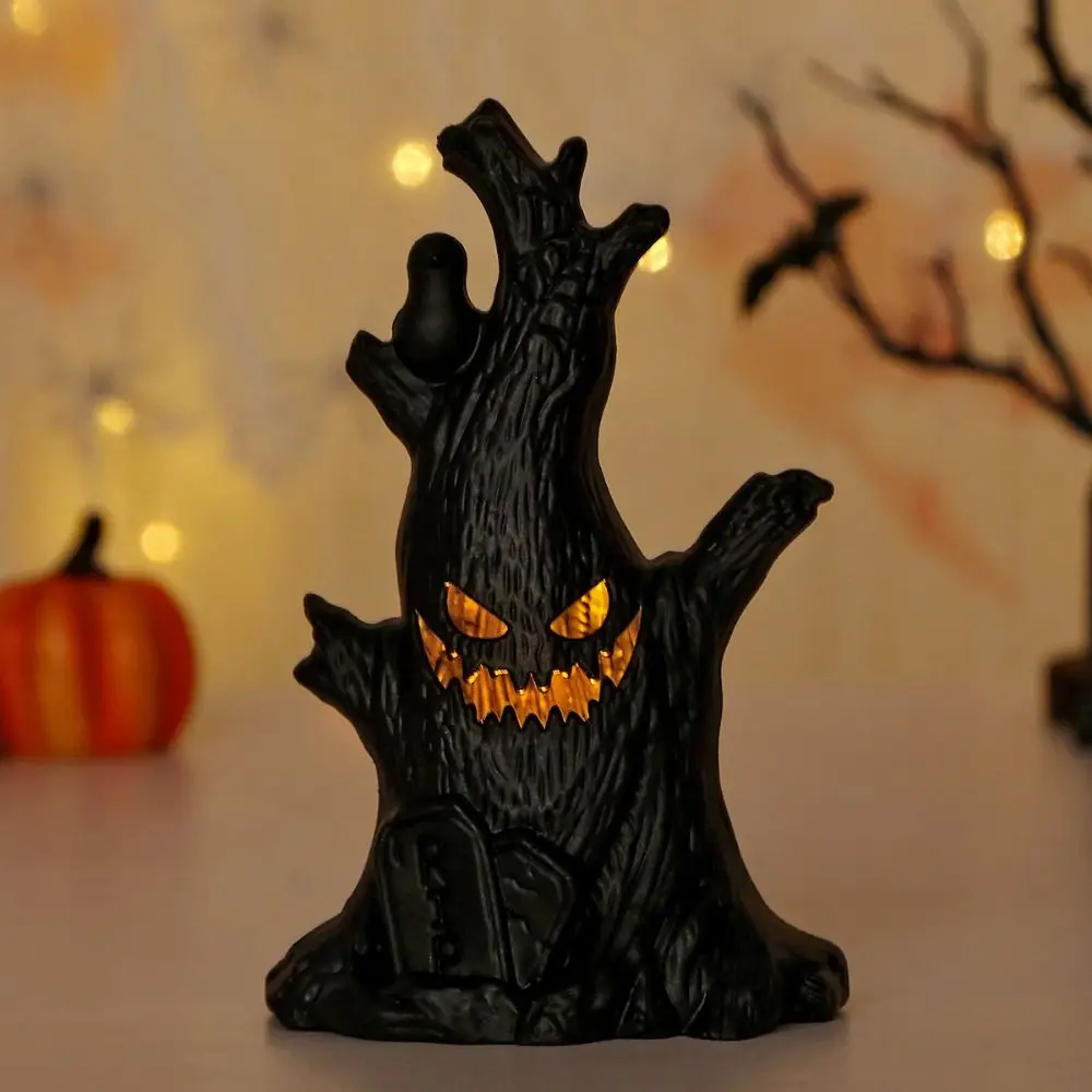 LED Glowing Ghost Face Candle Safety Electronic Halloween Ghost Tree Lantern Handmade Ghost Tree Stumps Candle Holiday Decor