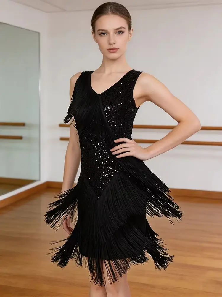 

Latin Dance Dress Women Fringe Sequins Flapper 1920s Salsa Tango Ballroom Tassel Costume