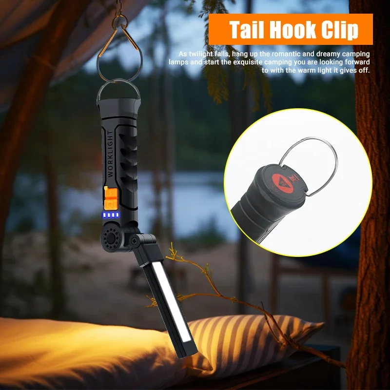 Portable COB LED Flashlight USB Rechargeable Work Light Magnetic Lanterna Hanging Lamp with Built-in Battery Camping Torch