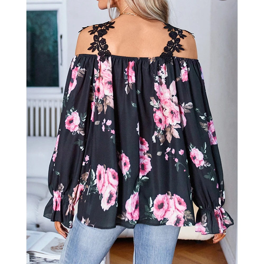 Women Floral Print Lantern Sleeve Off Shoulder Blouse Femme Casual Sexy Floral Lace Strap Top Elegant Blouses for Women Fashion