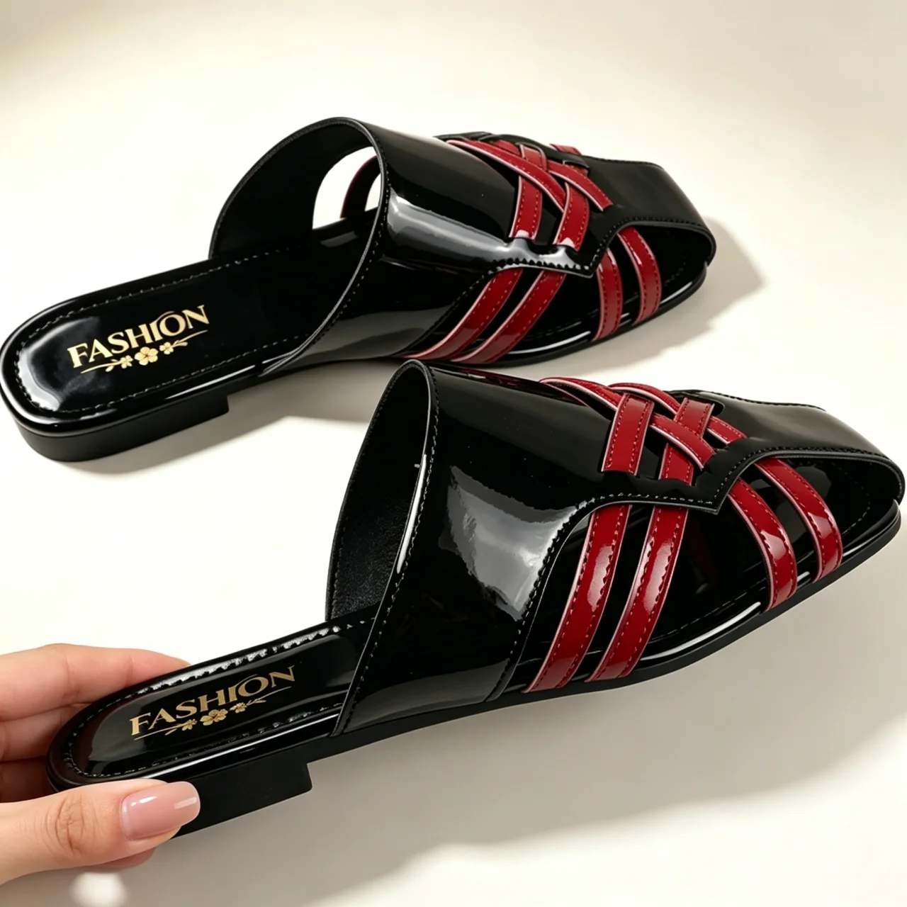 Women's Summer Colorblock Square Toe Flat Outside Wear Hollow Breathable Lazy Woven Wrapped Slippers