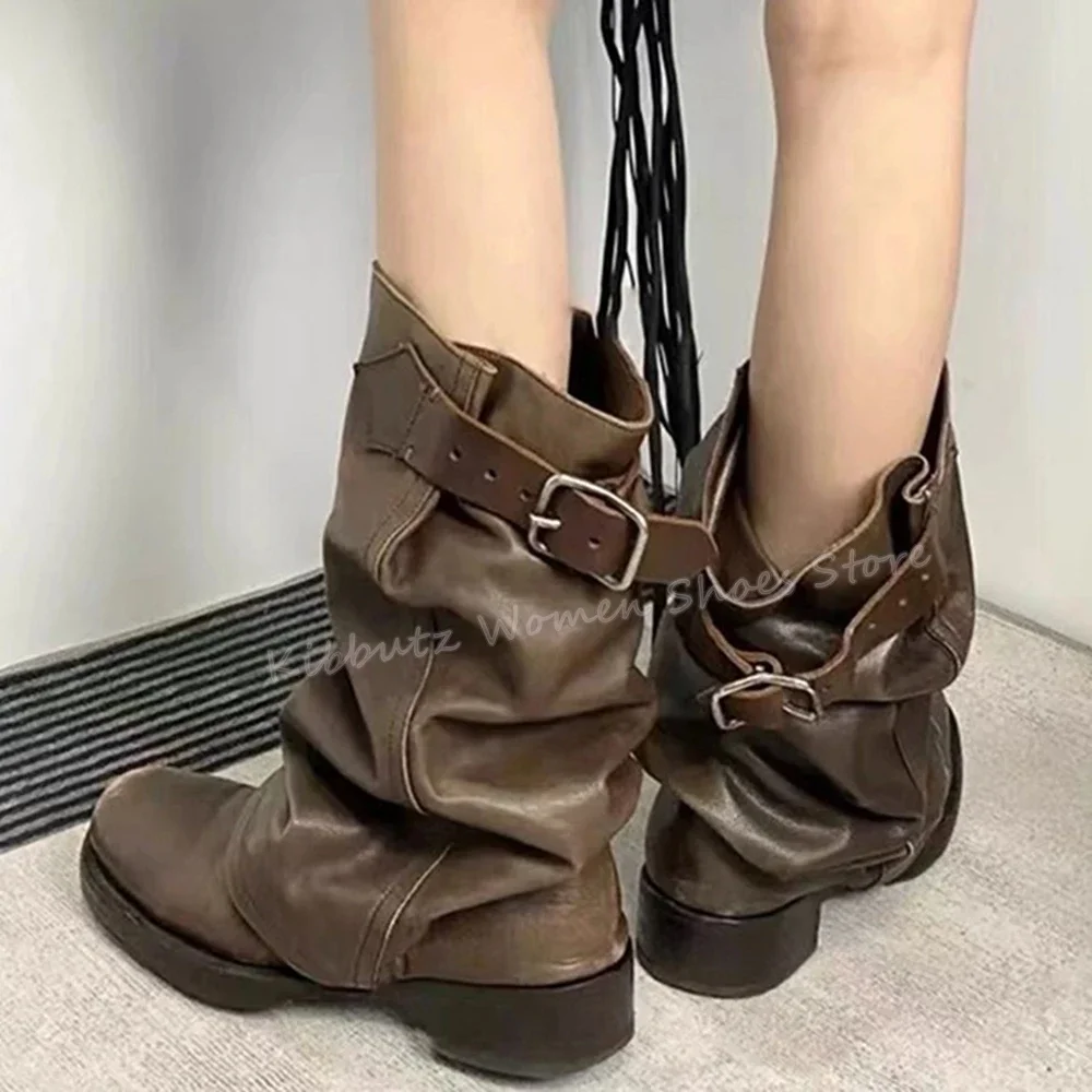 

Turned-Over Edge Boots Knee High Belt Buckles Pleated Round Toe Square Heels Genuine Leather Slip-On Fashion Luxury Elegant Sexy