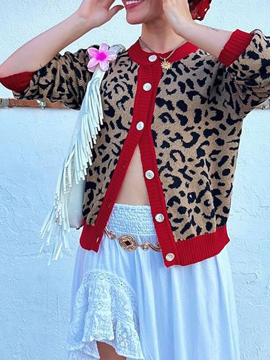 Women Y2k Leopard Cardigan Cheetah Print Knit Tops Oversized Button Down Crew Neck Open Front Sweater Cardigan JacketOutwear