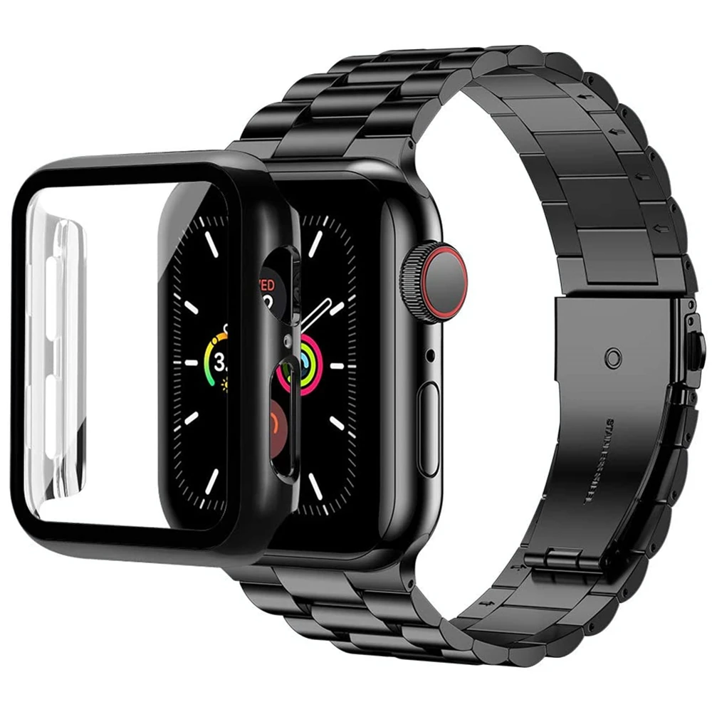 2set strap for apple watch se 6 case + band 44mm 40mm series 5 4 Stainless Steel Bracelet + Glass Screen case for iwatch 6 bands