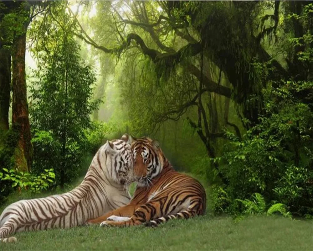Custom wallpaper green forest tiger deer Natural scenery waterfall mural home decor living room  background wall 3d wallpaper