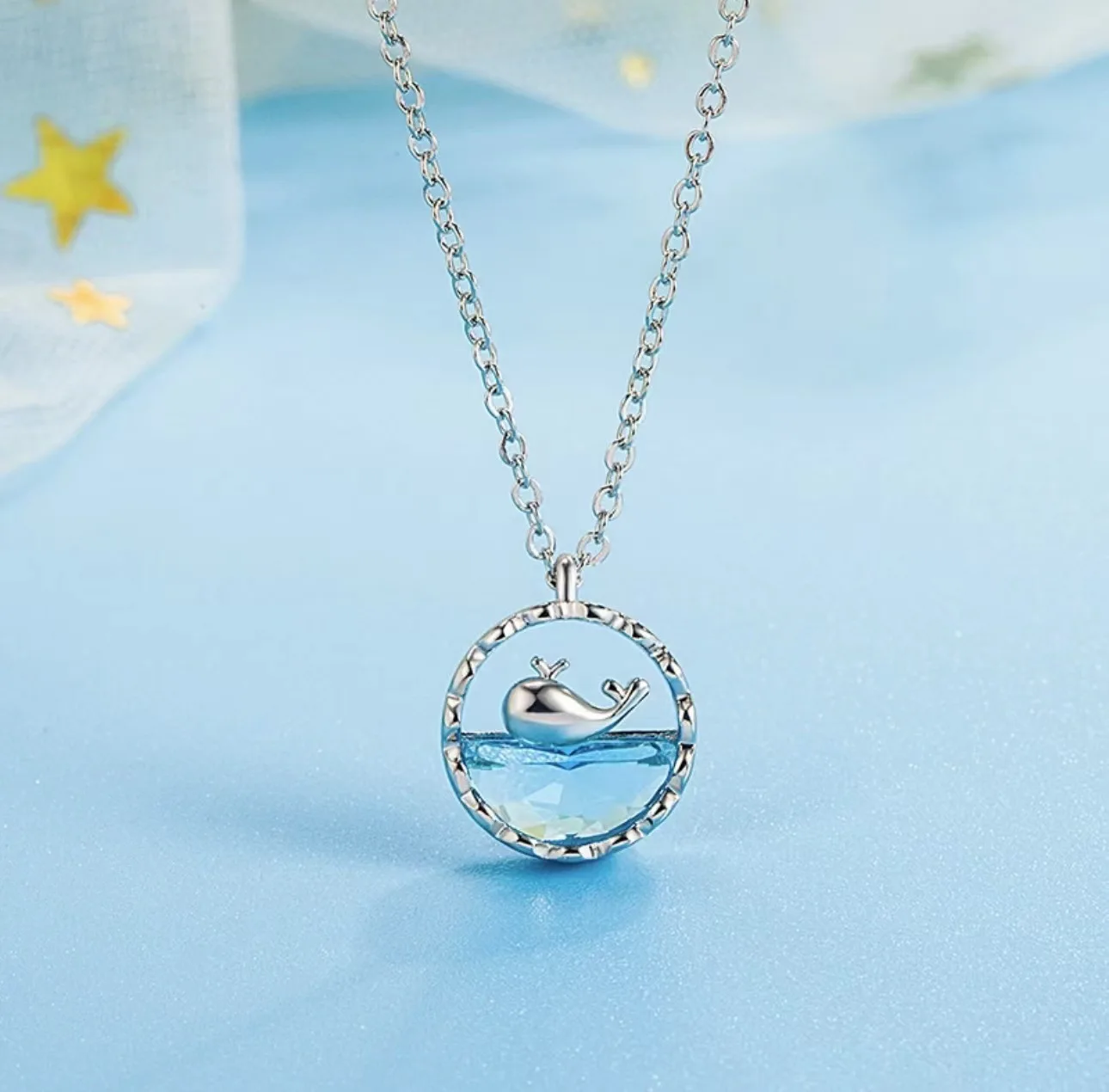 Cute Sweet Blue Crystal Ocean Pendant Necklace for Women New Creative Design Autumn Clavicle Chain Jewelry