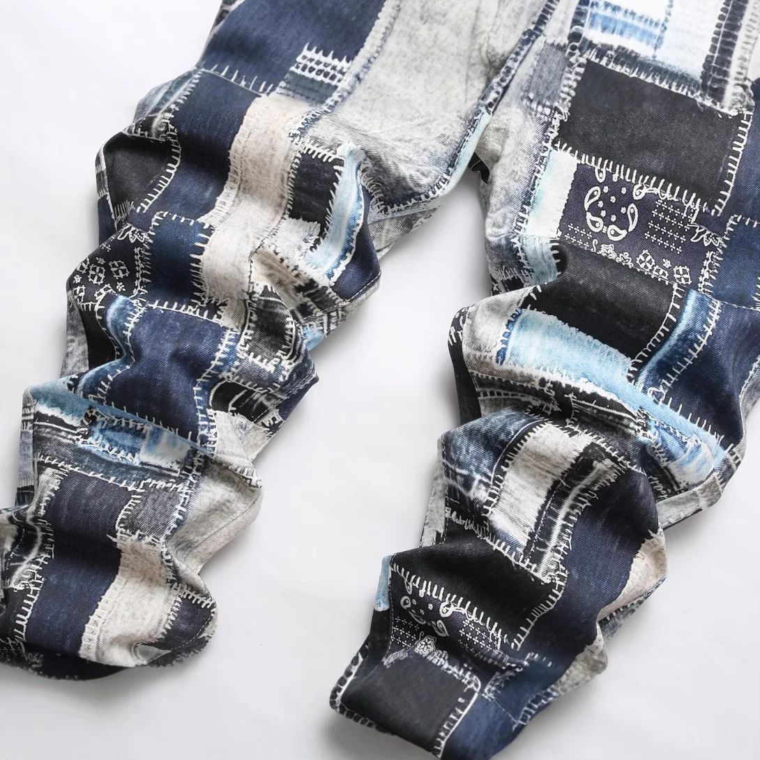 جديد 3D الطباعة الرقمية الجينز للرجال اليابانية الشارع الشهير خمر المرقعة مصمم الجينز Y2k تمتد منتصف الخصر جينز ضيق الذكور