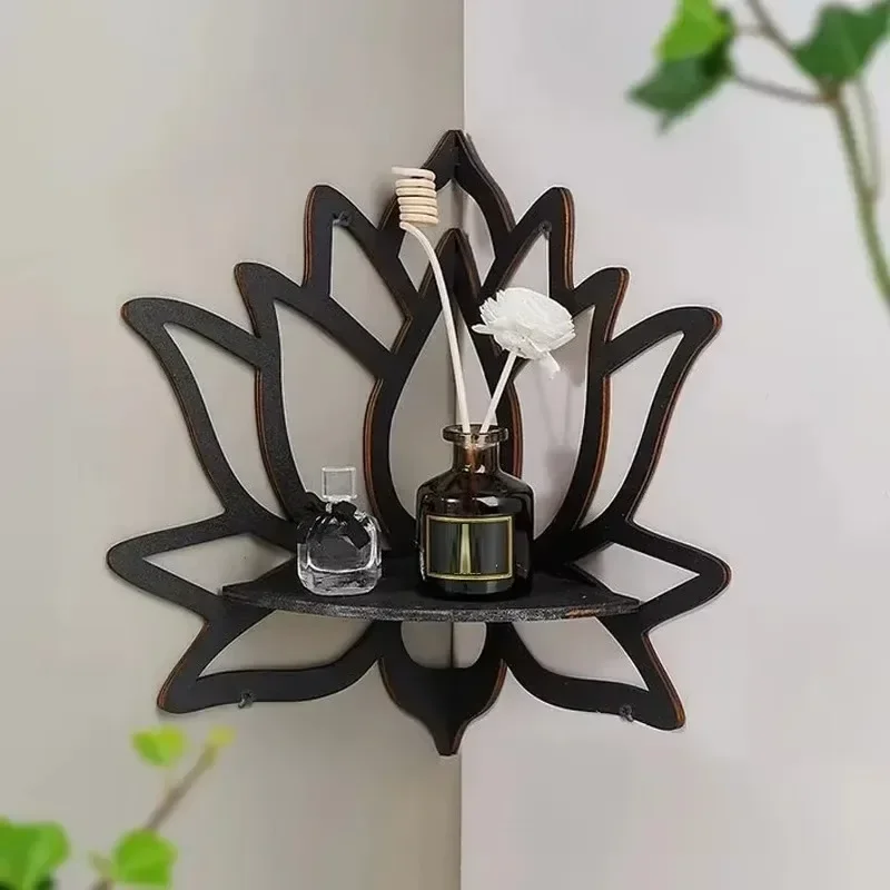 Black Wooden Lotus Hollow Decorative Rack Aromatherapy Organiser Essential Oil Candle Holder Wall Mounted Shelf Corner Shelf