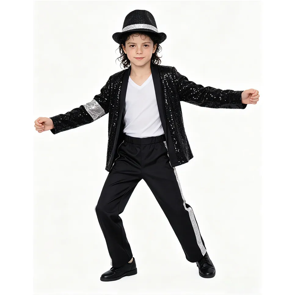 Michael Jackson Pailletten-Kostümset für Erwachsene und Kinder, silberfarbene Streifenjacke, Hose, Hut, Handschuhe, Beinwärmer, Pop-Star-Outfit – Detail 5