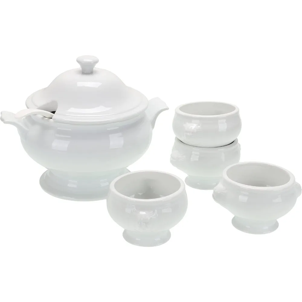 

Everyday Porcelain Classic Soup Tureen, Ladle & 4Lion's Head Bowls