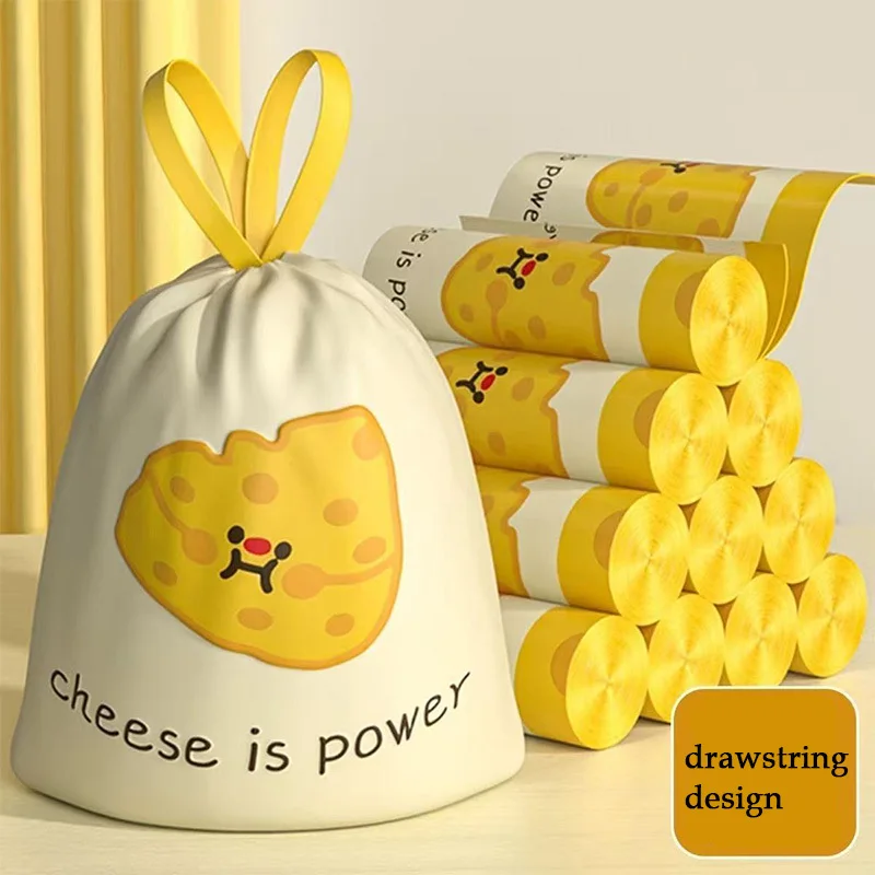 100-Pack Cheese Print Pattern 1 Roll of 50 Printed Tear-Free Garbage Bags for Home Use, Thickened, with Handles, Large Kitchen Cleaning Plastic Bags, Scented Drawstring Garbage Bags