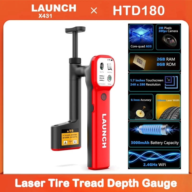 LAUNCH HTD180 Handheld Laser Tire Tread Depth Gauge 0.1mm High Accuracy Real-time Data Health Scan Tool with Wifi Bluetooth