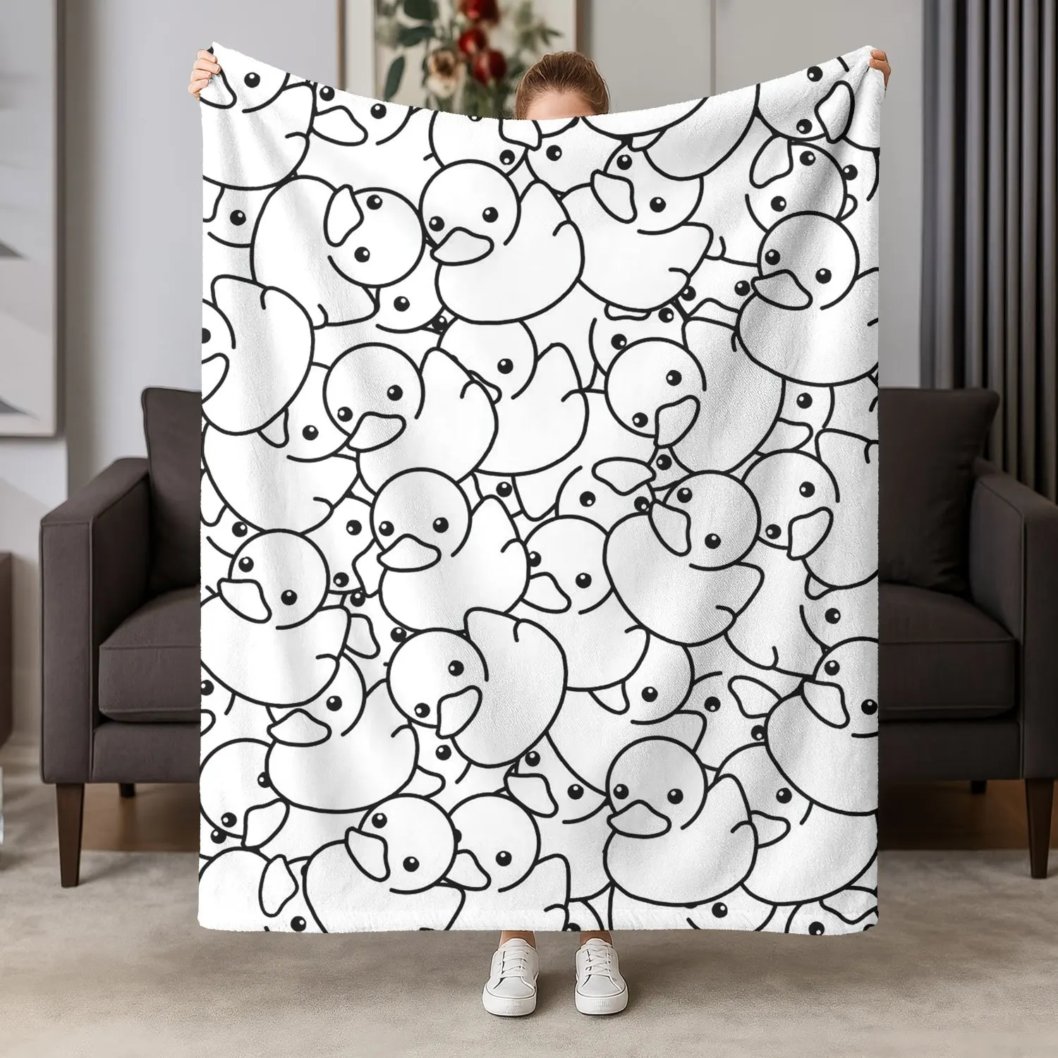 1pc Hand-Drawn Stacked Duck Black And White Coloring Style Flannel Blanket, Minimalist Cartoon Full Print Pattern, Dense Fabric