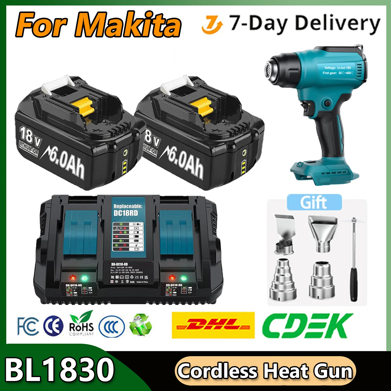 For Makita 18v Battery Cordless Heat Gun Battery Adjustable Temperature 122℉-1022℉ Battery Heat Shrink Gun With Battery Charger